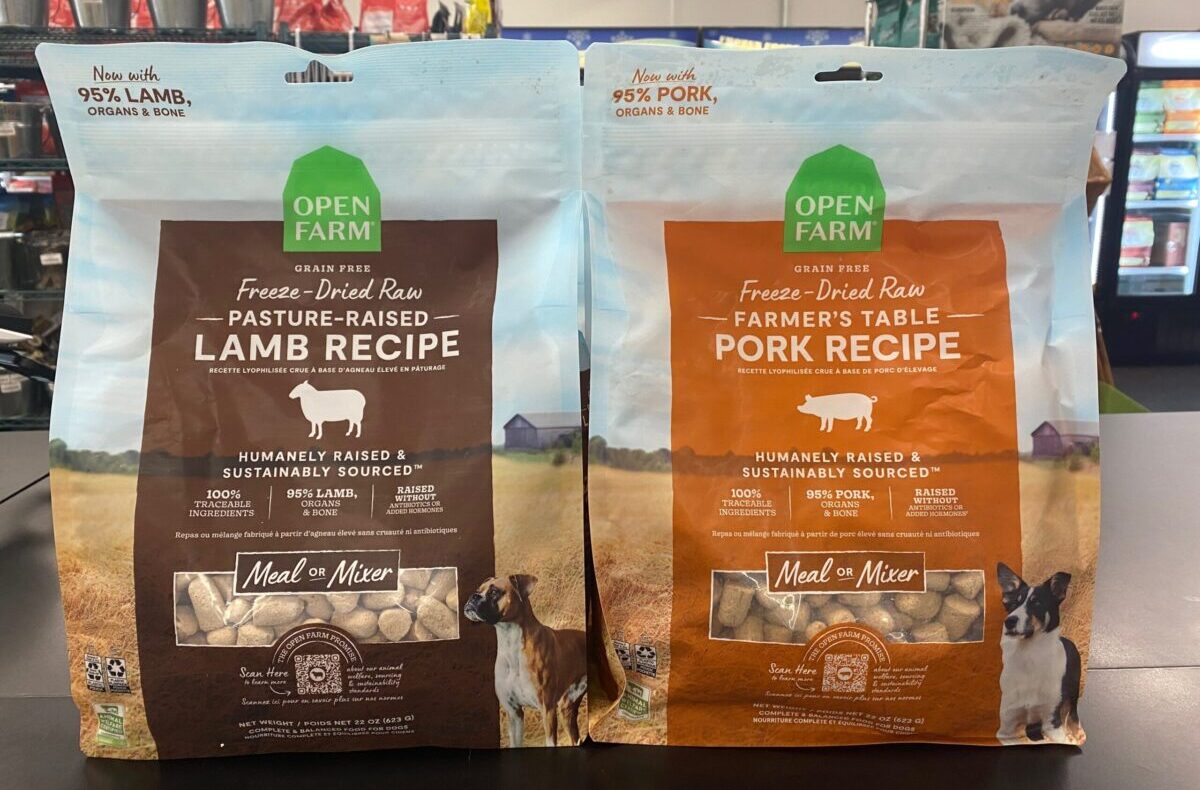 two bags of Open Farm freeze-dried food for dogs